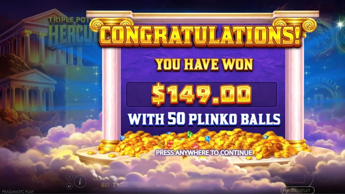 Tampilan visual slot Triple Pot Plinko – Hercules dengan latar belakang Gunung Olympus